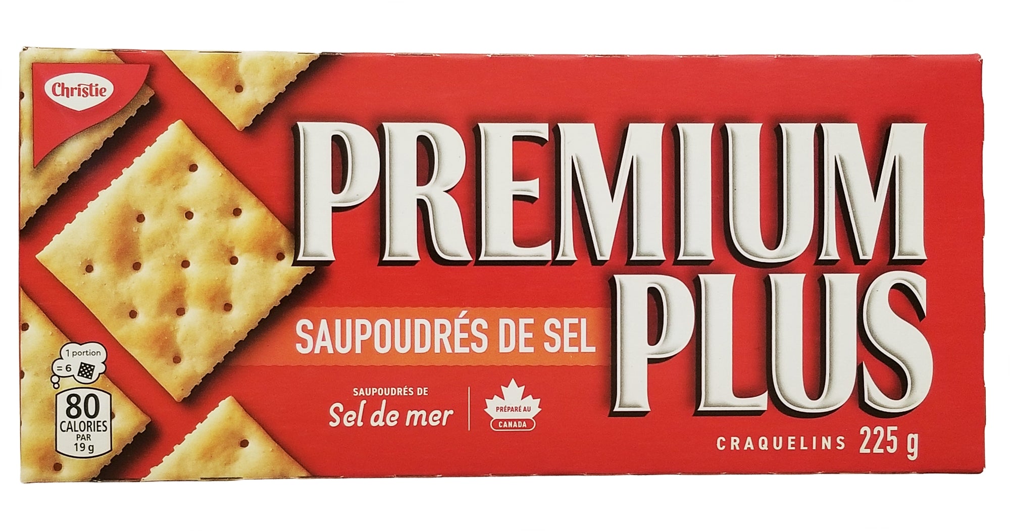 Box of Christie Premium Plus crackers, 225g package with a red background