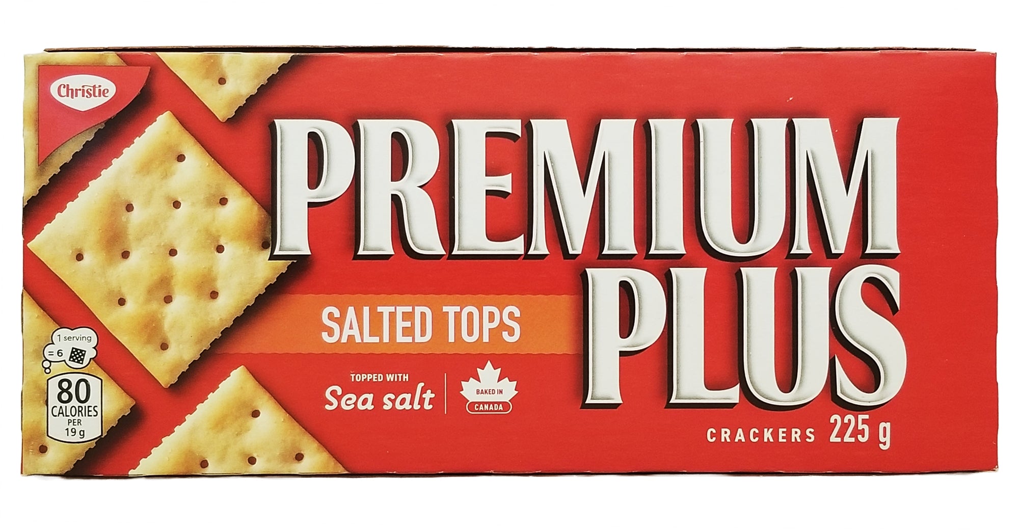 Box of Premium Plus salted tops crackers, 225g with a red background