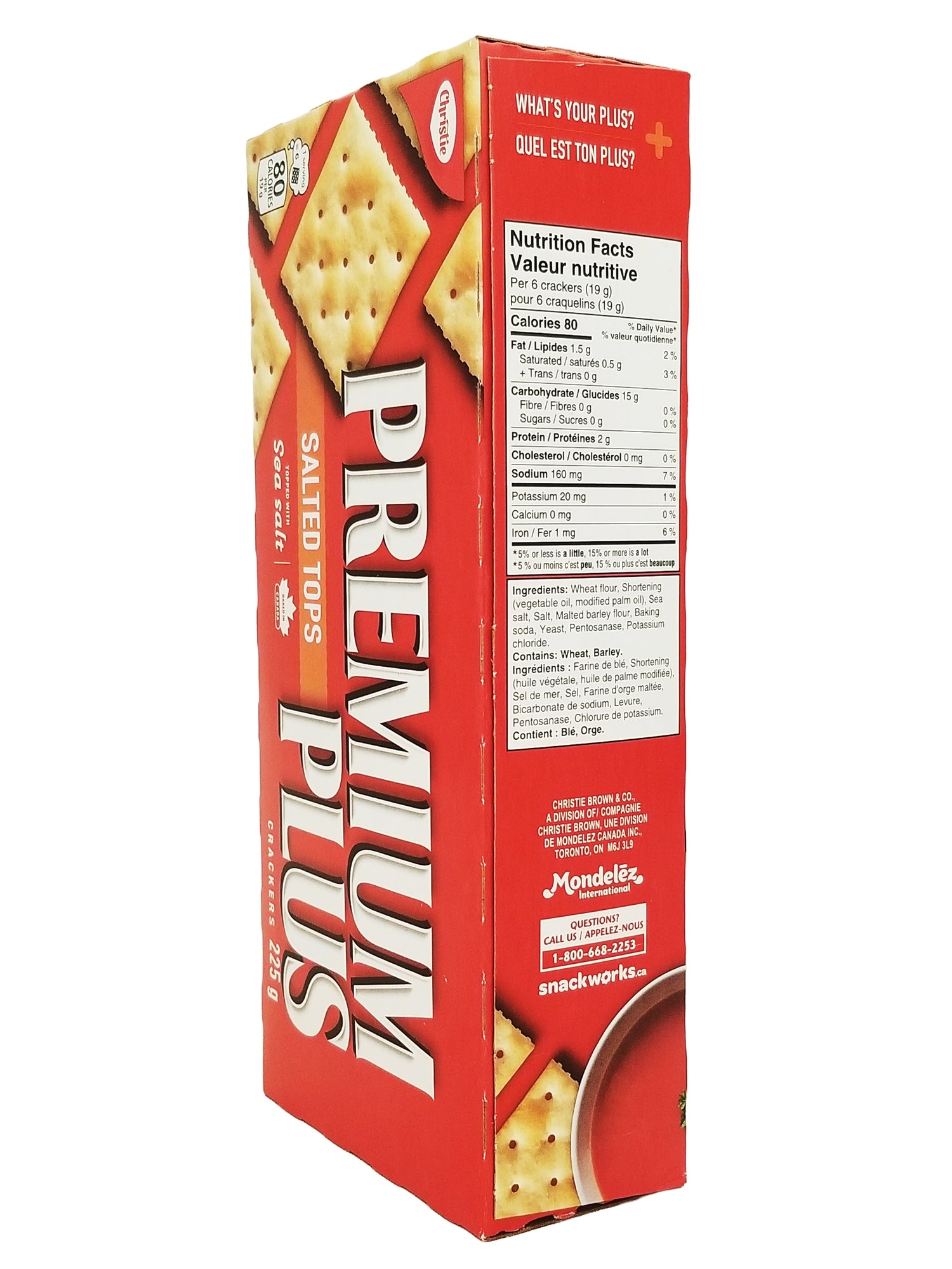Box of Premium Plus crackers, 225g with nutritional information on a white background