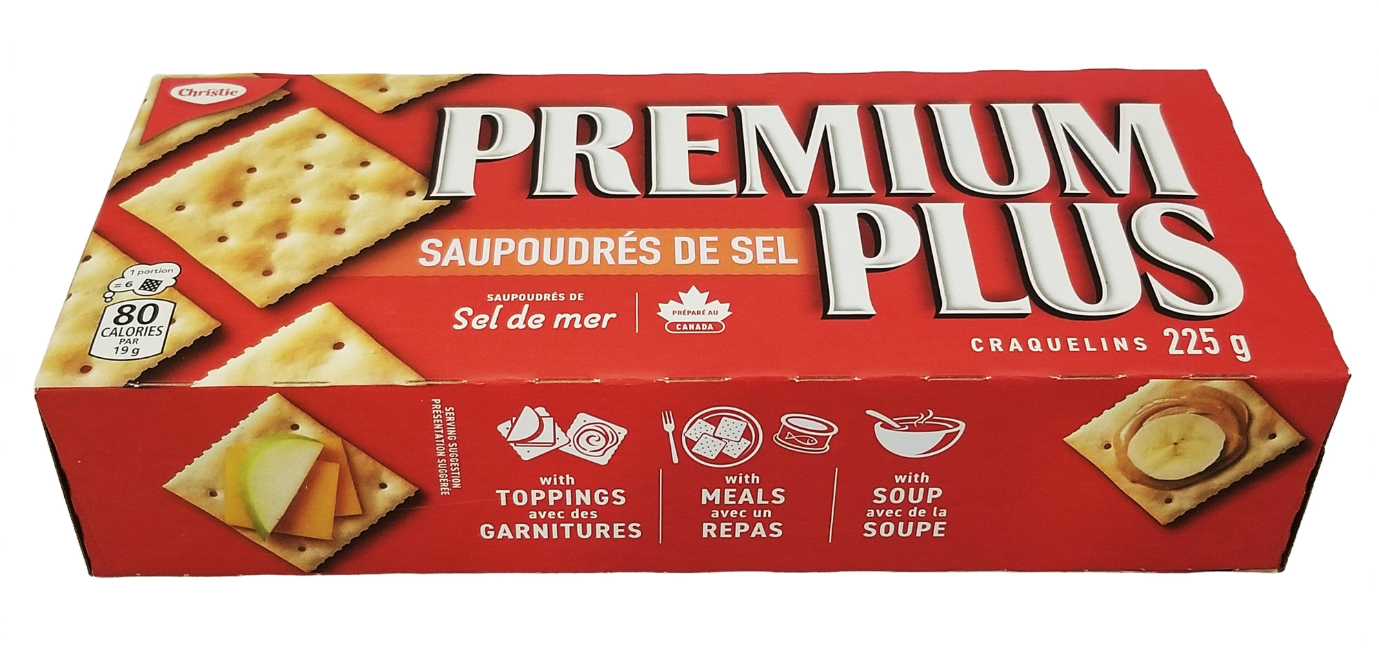 Box of Premium Plus crackers, 225g package with red background and cracker images.