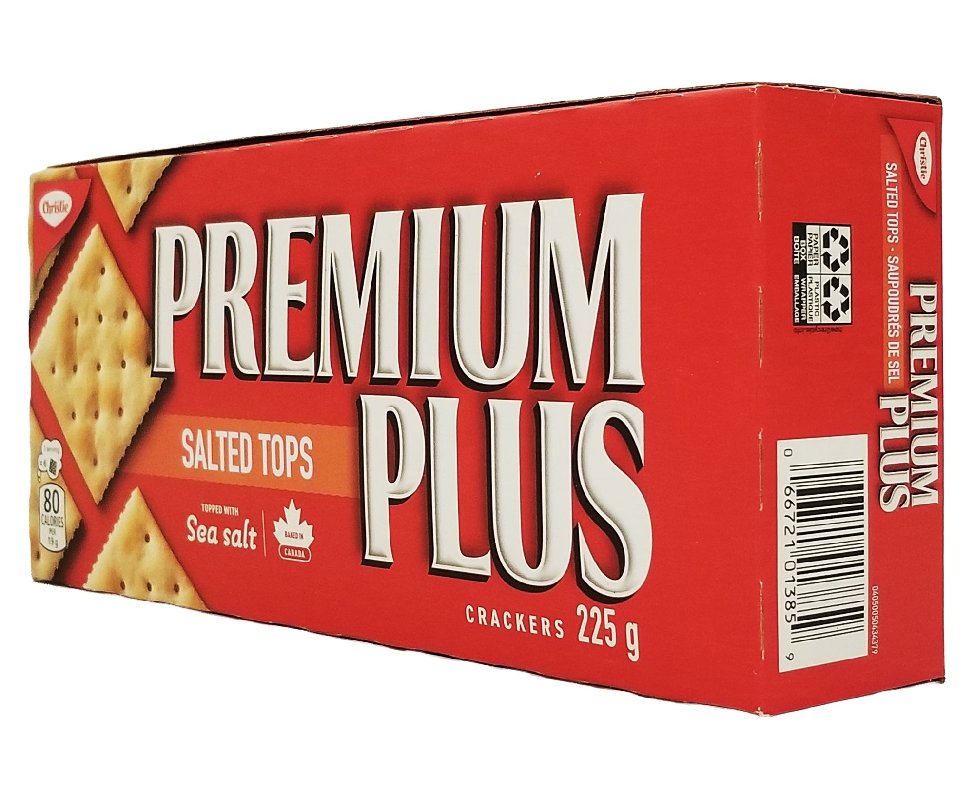 Box of Premium Plus crackers, 225g package with a red background