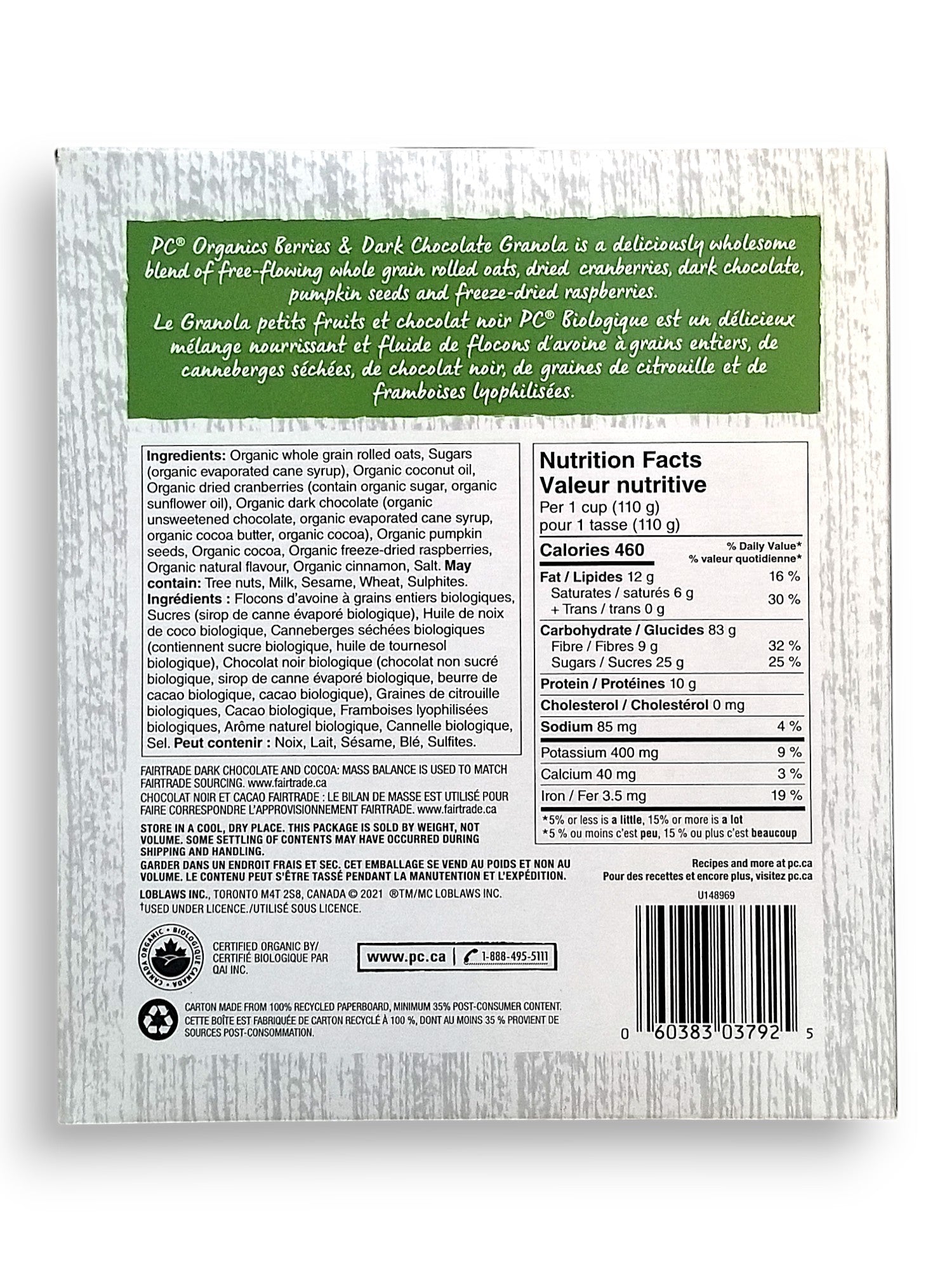 Back of President's Choice Organics Berries & Dark Chocolate Granola, 325g/11.3 oz. Box
