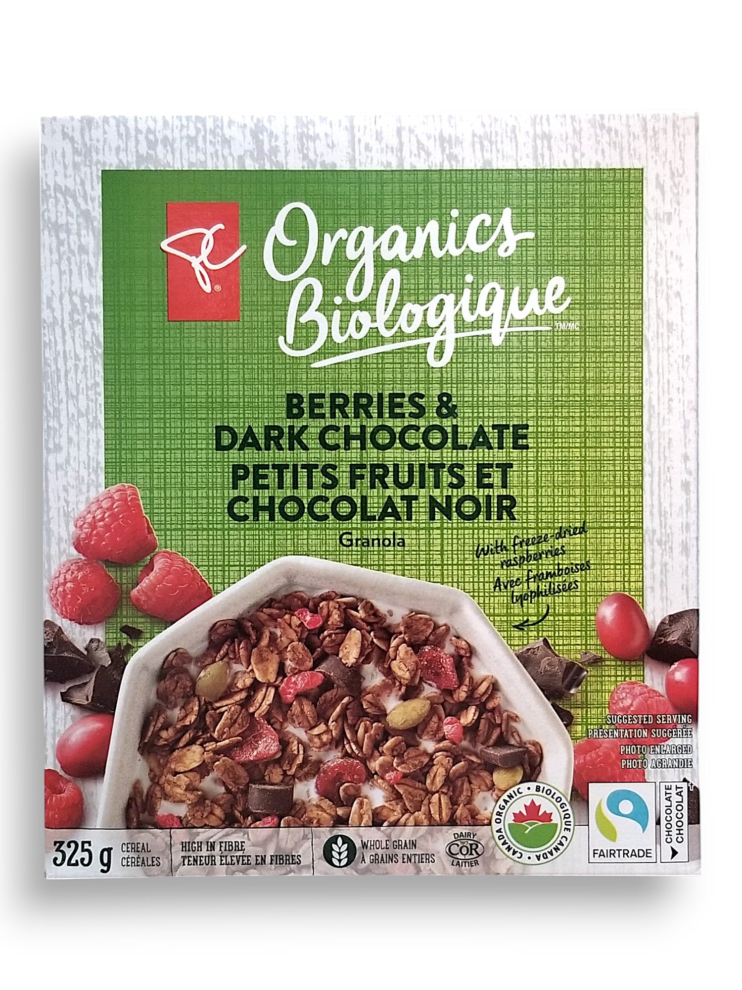 Front of President's Choice Organics Berries & Dark Chocolate Granola, 325g/11.3 oz. Box