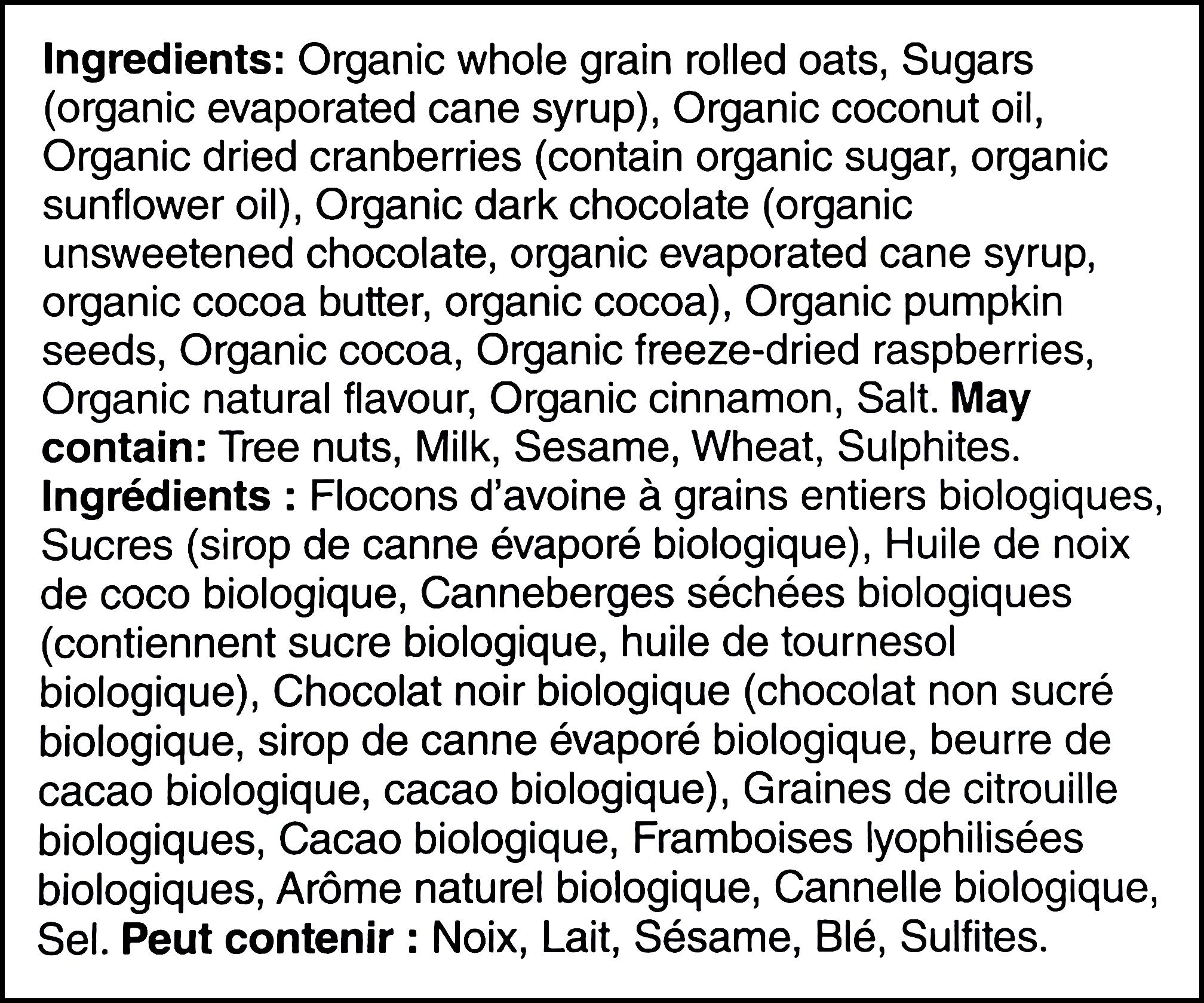 Ingredients label of President's Choice Organics Berries & Dark Chocolate Granola, 325g/11.3 oz. Box