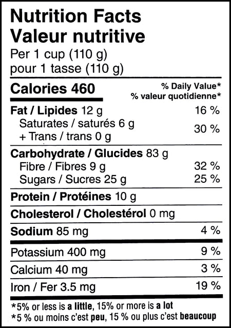 Nutrition facts label of President's Choice Organics Berries & Dark Chocolate Granola, 325g/11.3 oz. Box