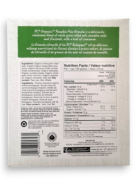 Back of President's Choice Organics Pumpkin Flax Granola, 325g/11.3 oz. Box