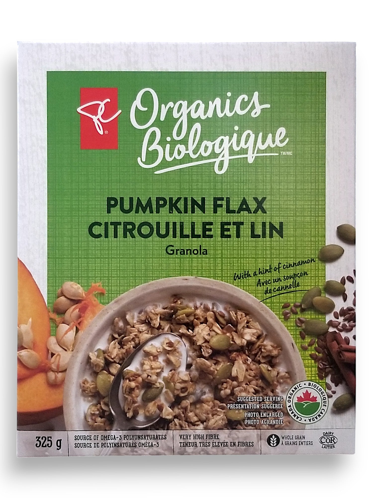 Front of President's Choice Organics Pumpkin Flax Granola, 325g/11.3 oz. Box