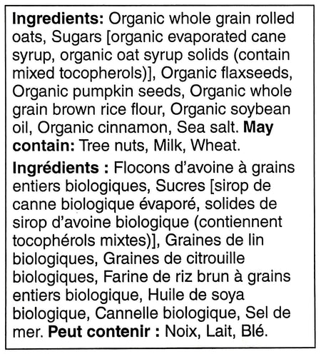 Ingredients label of President's Choice Organics Pumpkin Flax Granola, 325g/11.3 oz. Box