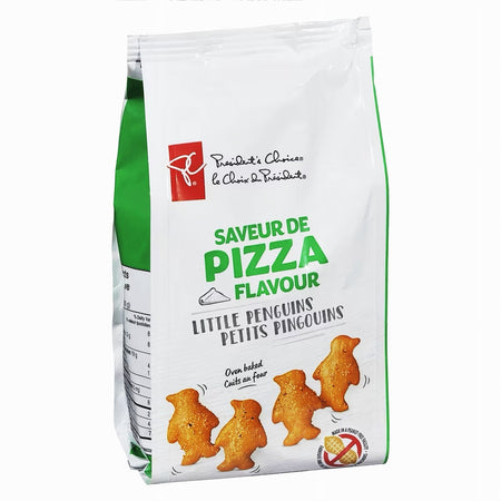 Angle of a 180g bag of President's Choice Pizza Flavor Little Penguins Crackers a white background