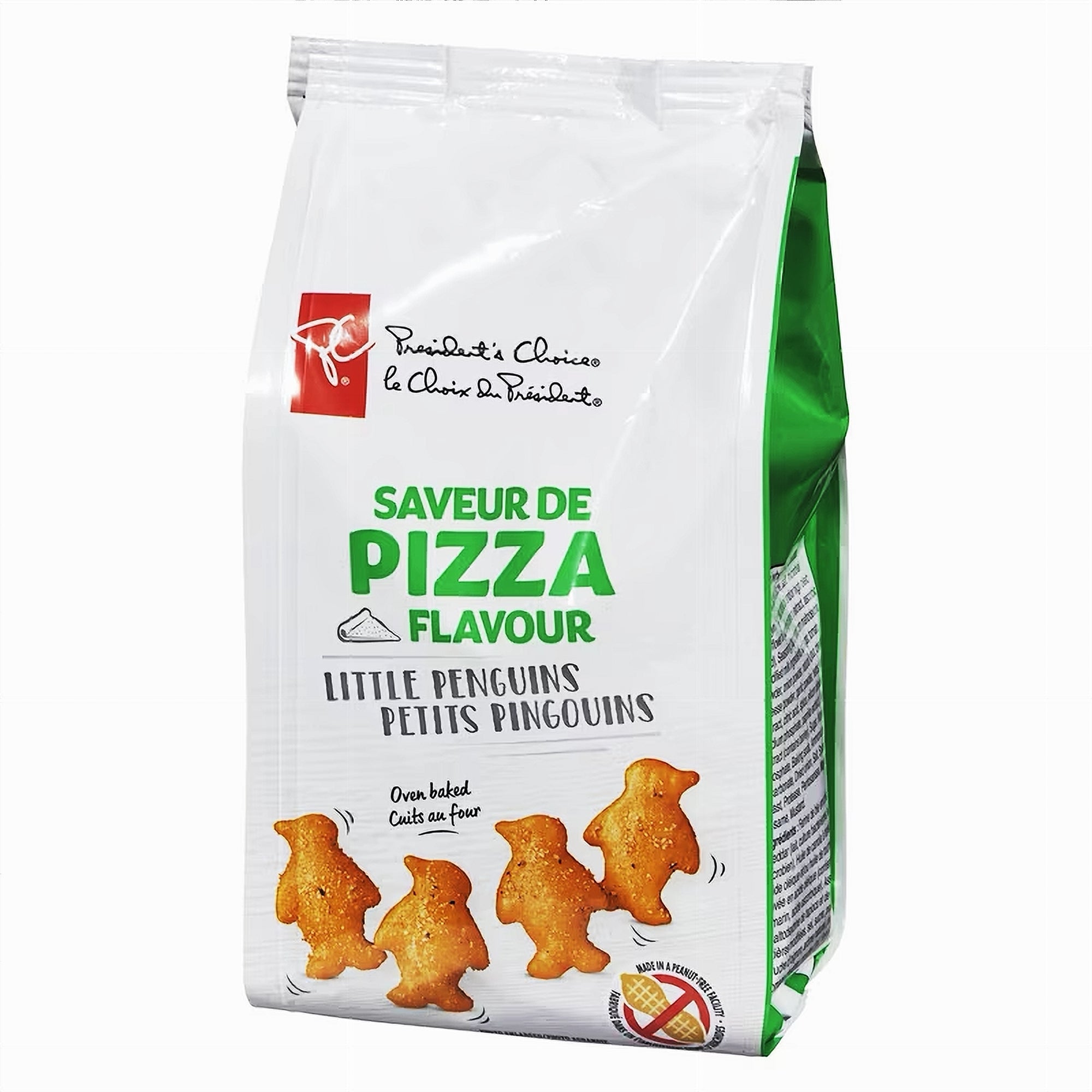 angle of a President's Choice Pizza Flavor Little Penguins Crackers - 180g package on a white background