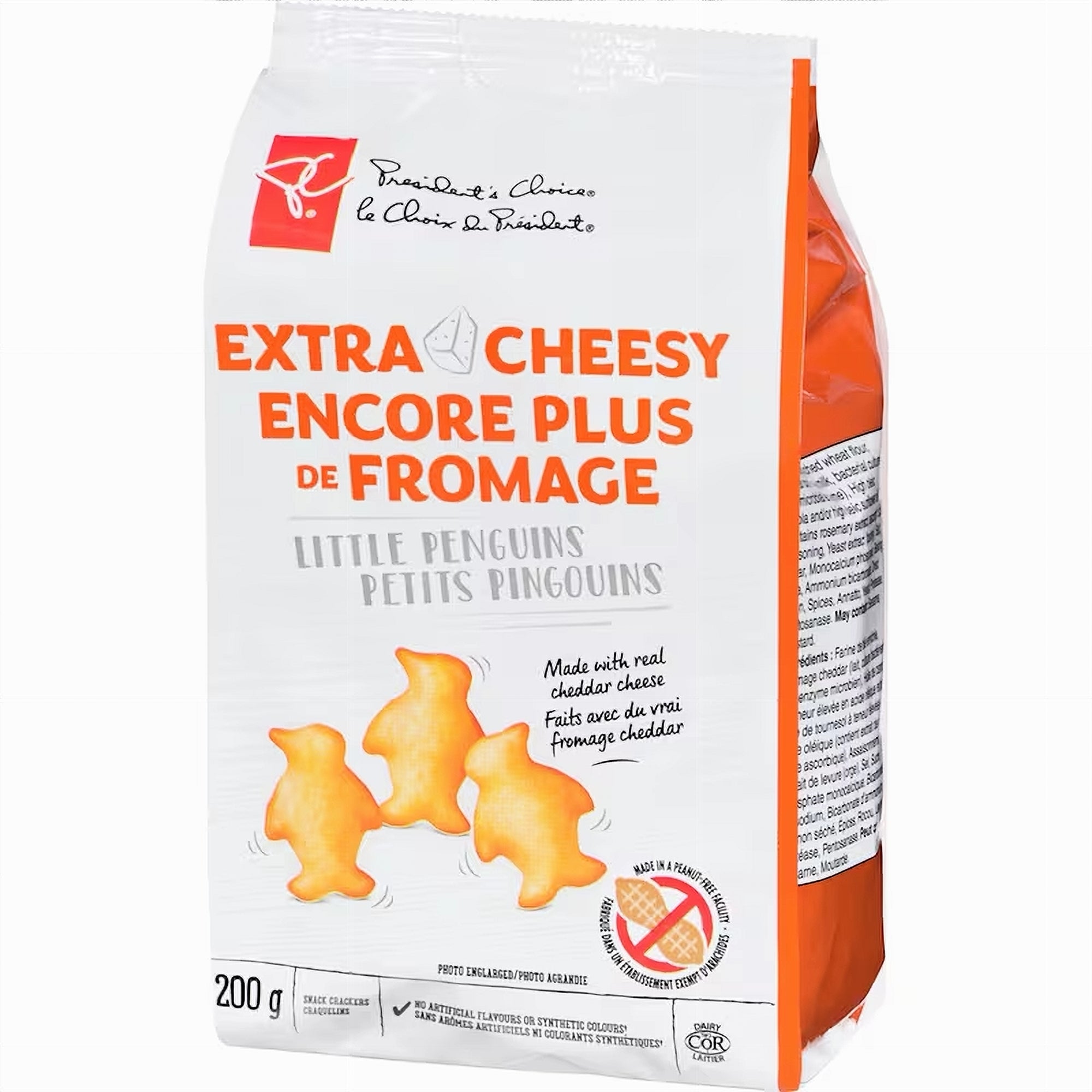 Packaging of President's Choice Extra Cheesy Little Penguins Crackers - 200g with orange and white design.