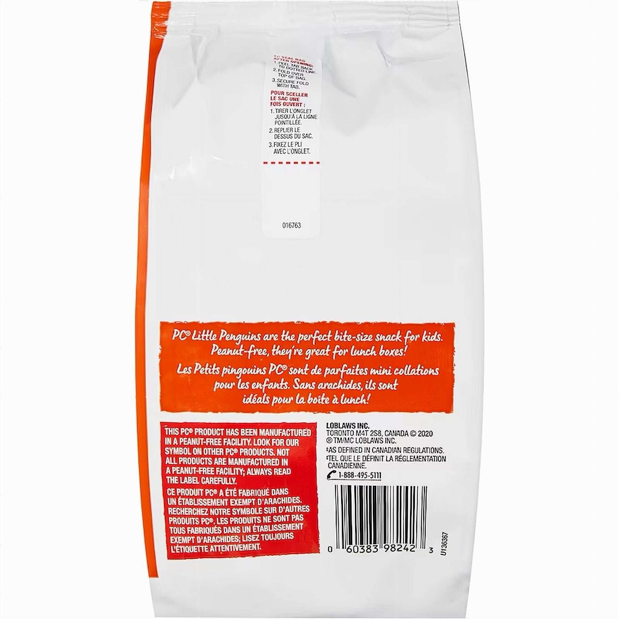 Back of President's Choice Extra Cheesy Little Penguins Crackers - 200g package with red and white text on a white background