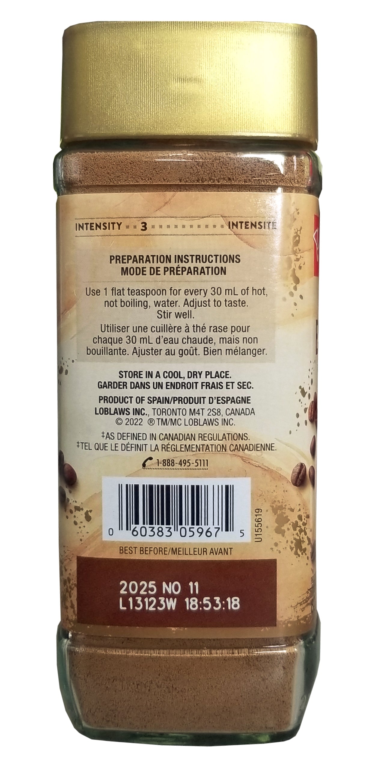 President's Choice Espresso Instant Coffee, 80g/2.8 oz. Jar Back Side