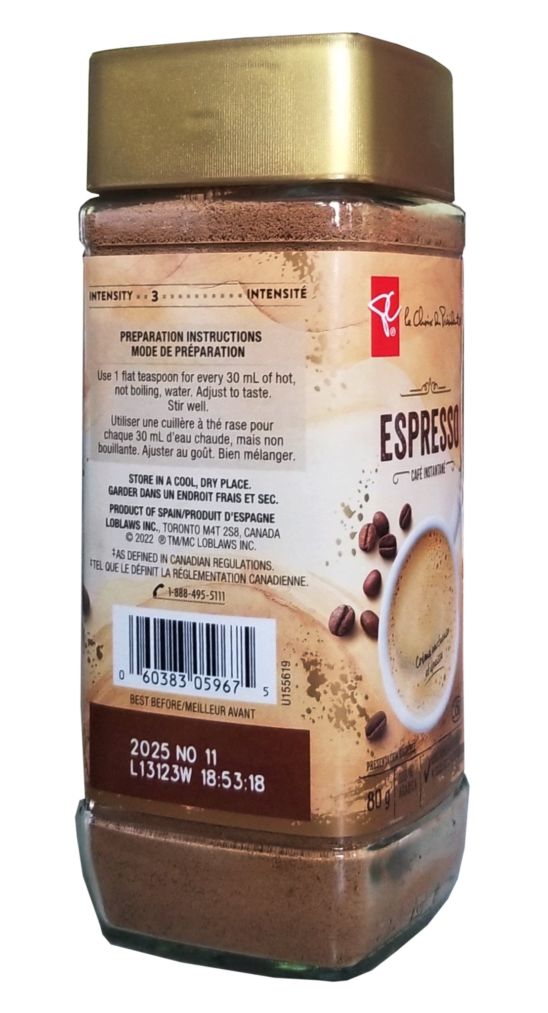 President's Choice Espresso Instant Coffee, 80g/2.8 oz. Jar Left Angle
