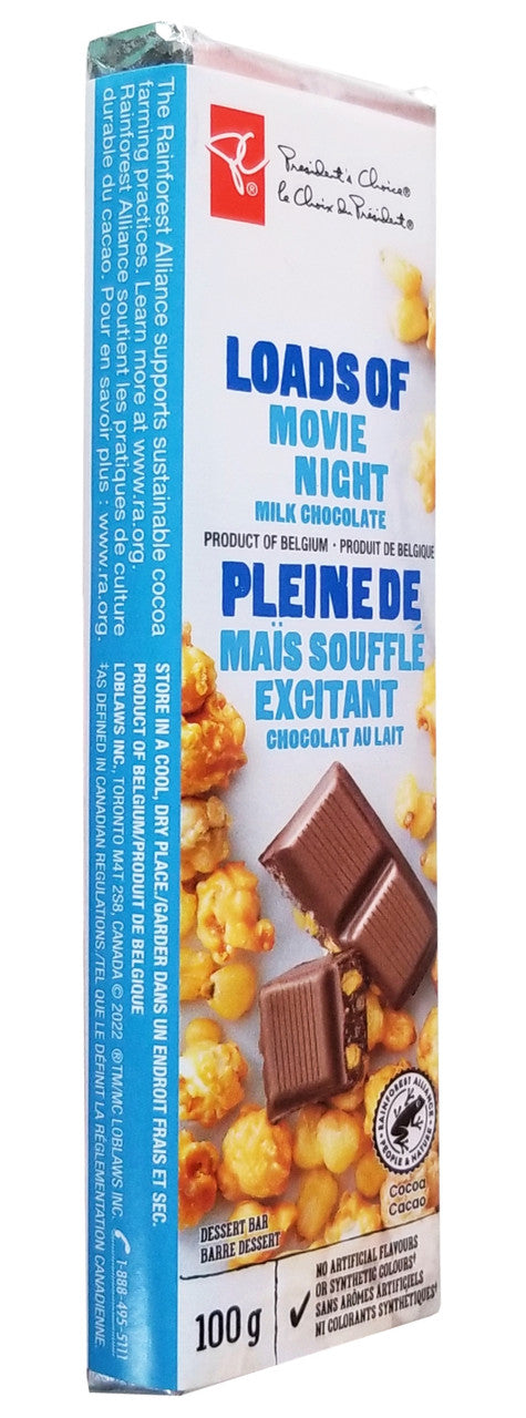 President's Choice Loads of Movie Night Milk Chocolate Bar, 100g/3.5 oz. Bar Left Side