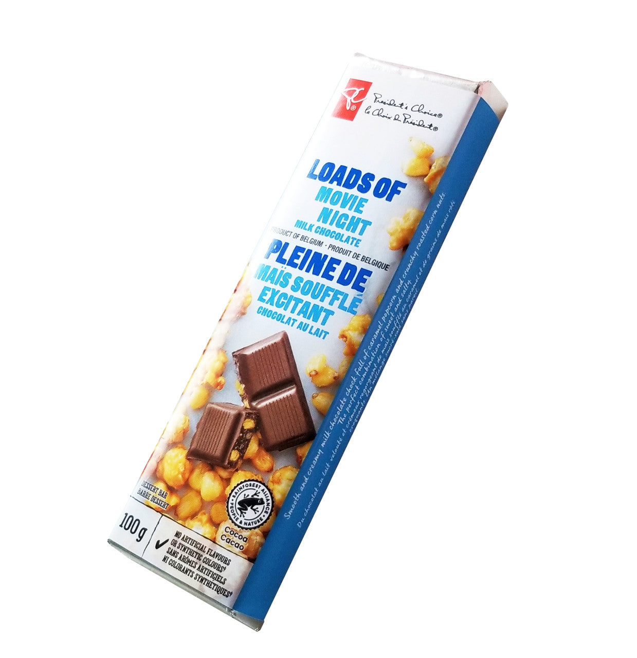 President's Choice Loads of Movie Night Milk Chocolate Bar, 100g/3.5 oz. Bar Right Angle