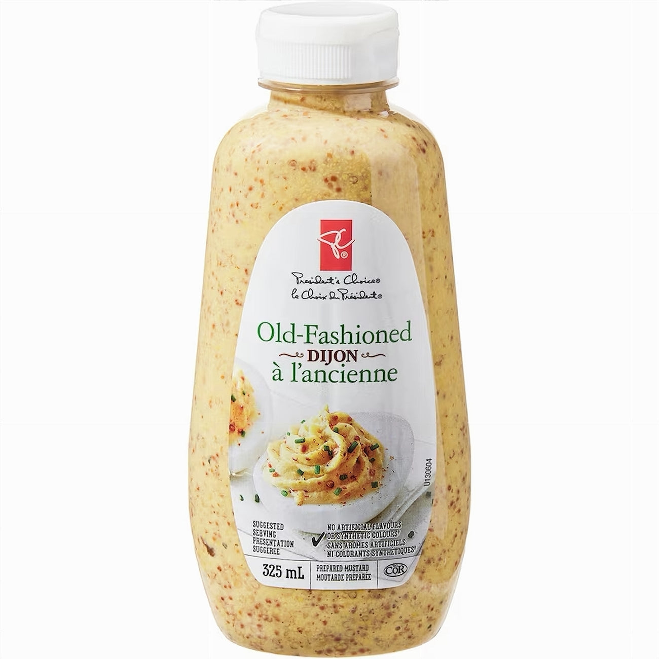 Bottle of President's Choice Old Fashioned Dijon Mustard - 325ml with a white label on a white background