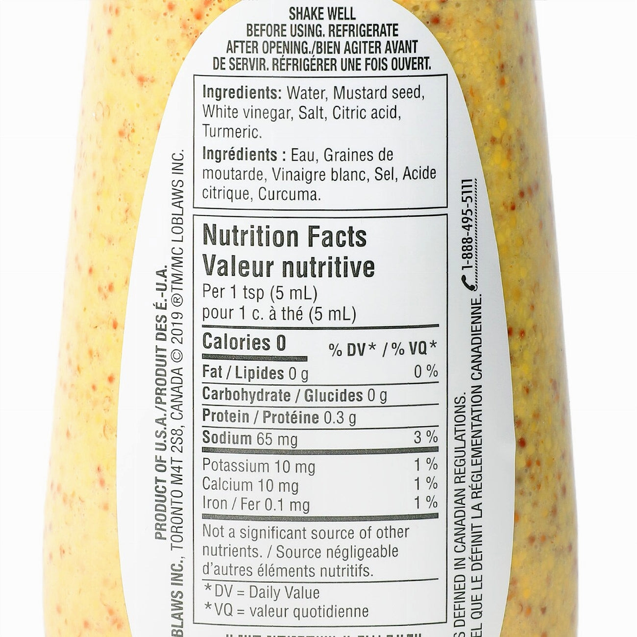 Nutrition facts label on a bottle of President's Choice Old Fashioned Dijon Mustard sauce.