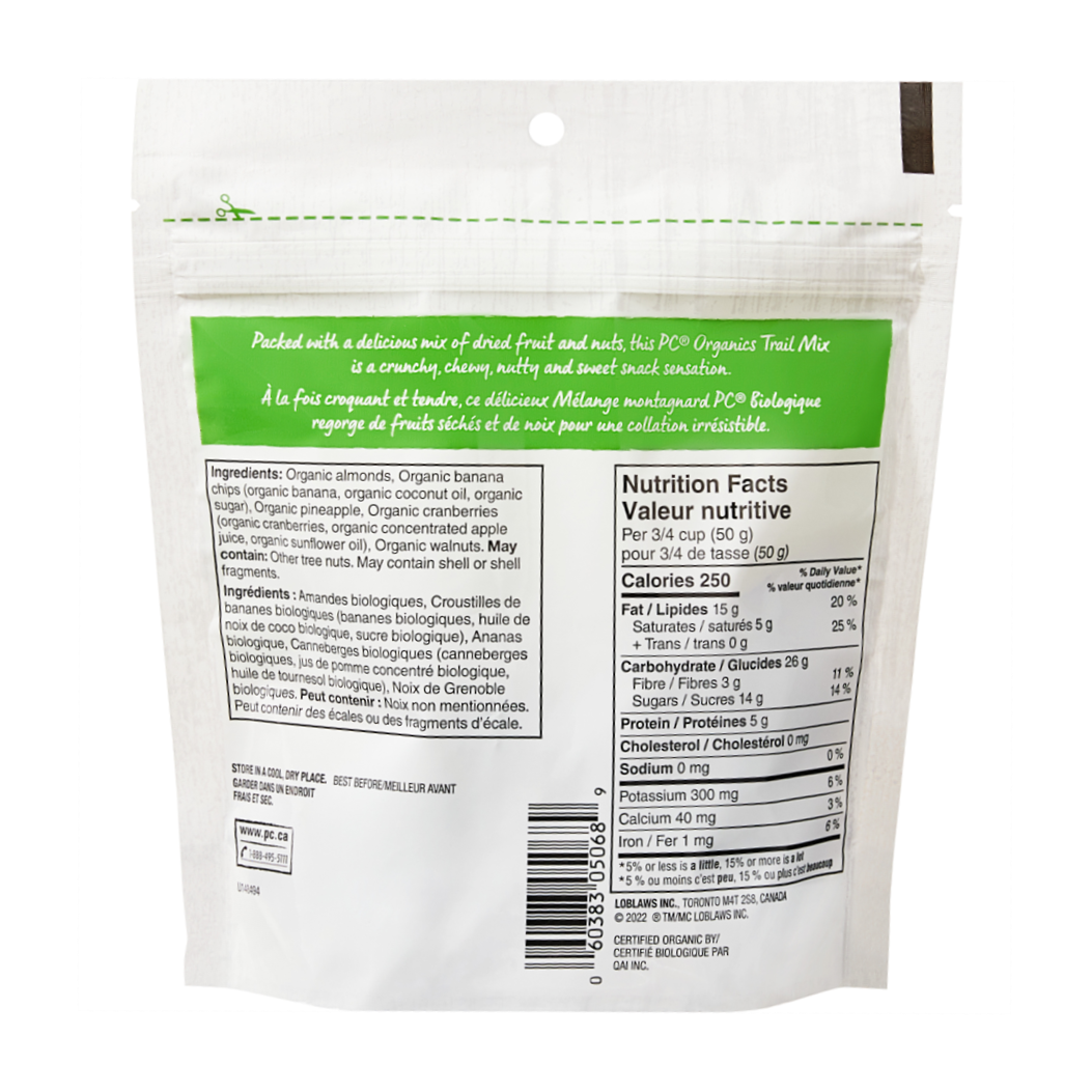 President's Choice Organics Bananas, Pineapple & Cranberries Trail Mix, 150g/5.2 oz. Bag Back Side