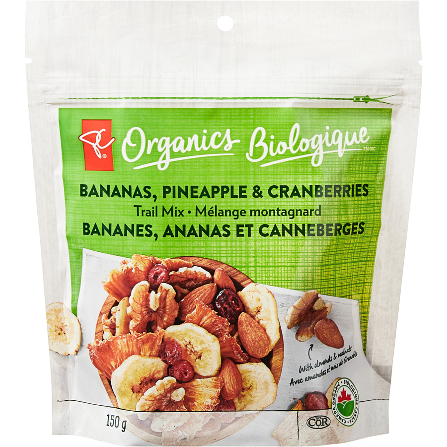 President's Choice Organics Bananas, Pineapple & Cranberries Trail Mix, 150g/5.2 oz. Bag Front Side