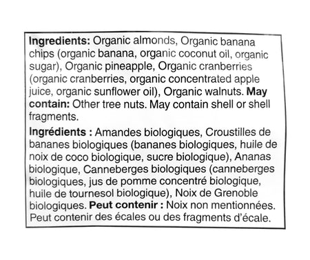 President's Choice Organics Bananas, Pineapple & Cranberries Trail Mix, 150g/5.2 oz. Bag Ingredients