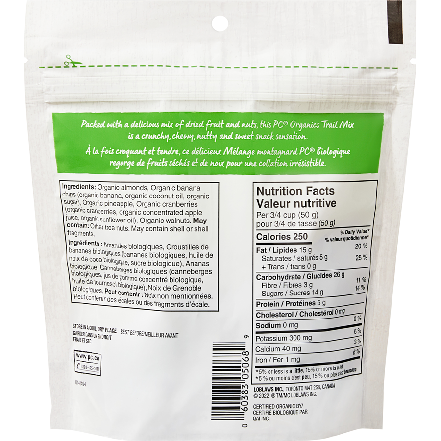 President's Choice Organics Bananas, Pineapple & Cranberries Trail Mix, 150g Bag Back