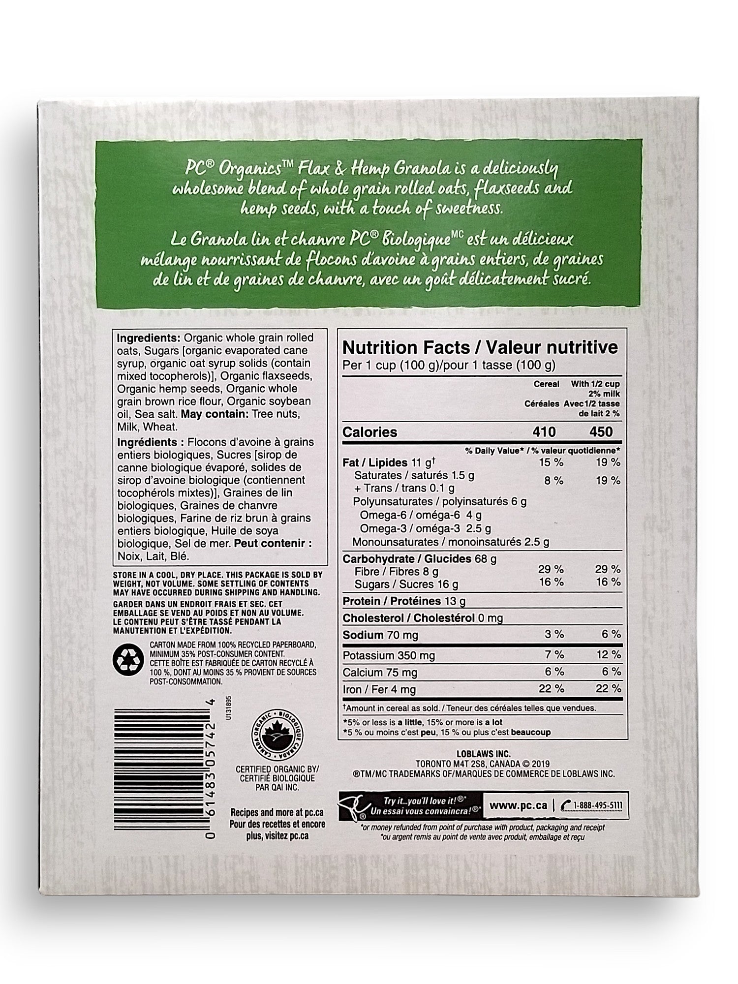 Back of President's Choice Organics Flax & Hemp Granola, 325g/11.3 oz. Box