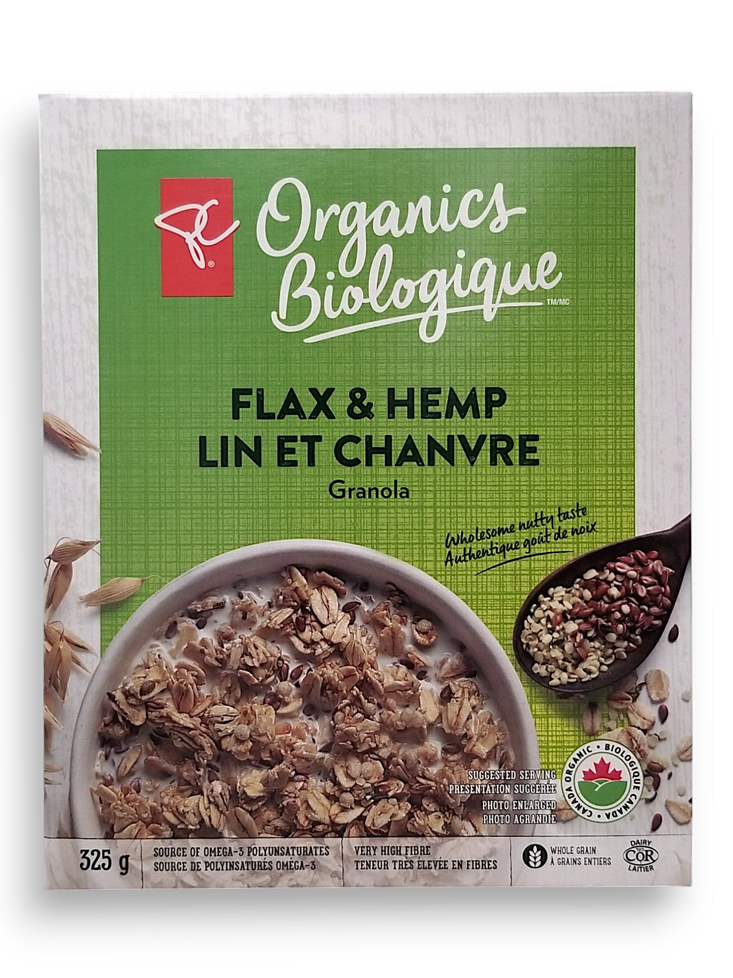 Front of President's Choice Organics Flax & Hemp Granola, 325g/11.3 oz. Box