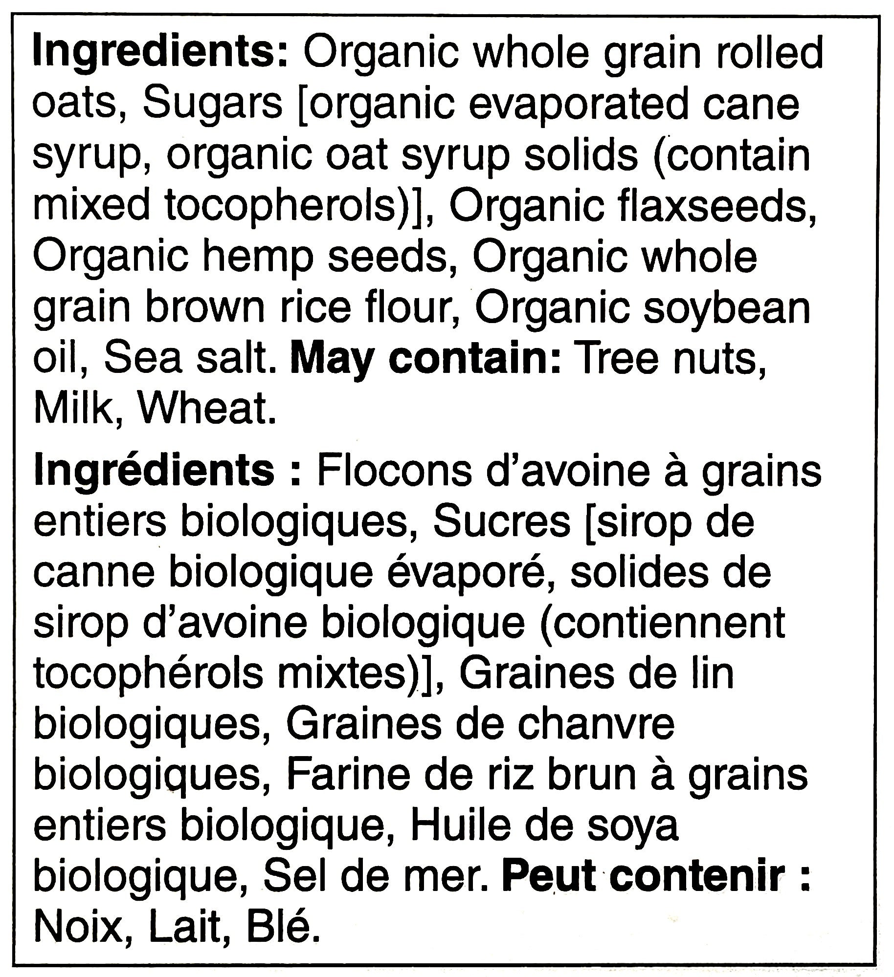 Ingredients label of President's Choice Organics Flax & Hemp Granola, 325g/11.3 oz. Box