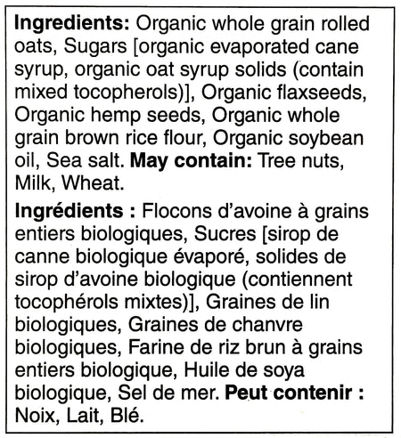 Ingredients label of President's Choice Organics Flax & Hemp Granola, 325g/11.3 oz. Box