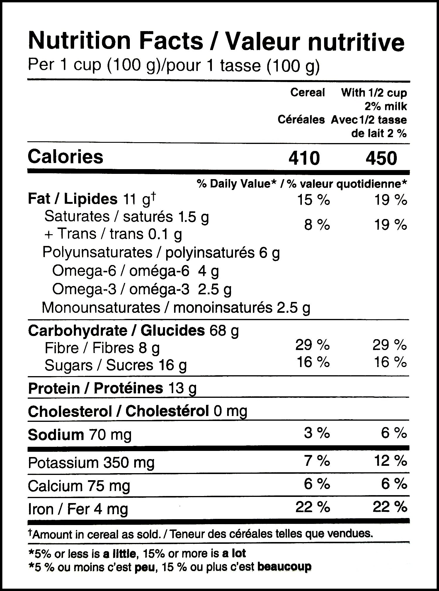 Nutrition facts label of President's Choice Organics Flax & Hemp Granola, 325g/11.3 oz. Box