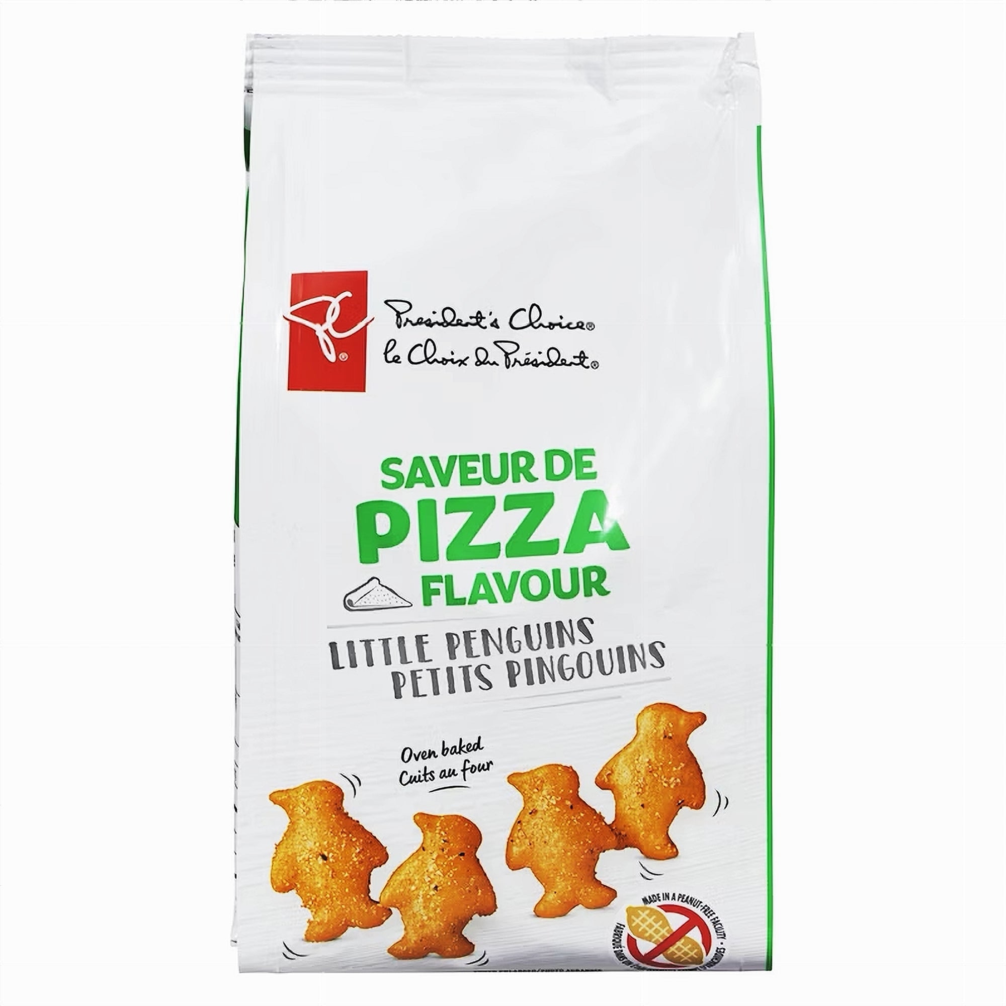 Bag of President's Choice Pizza Flavor Little Penguins Crackers - 180g package on a white background