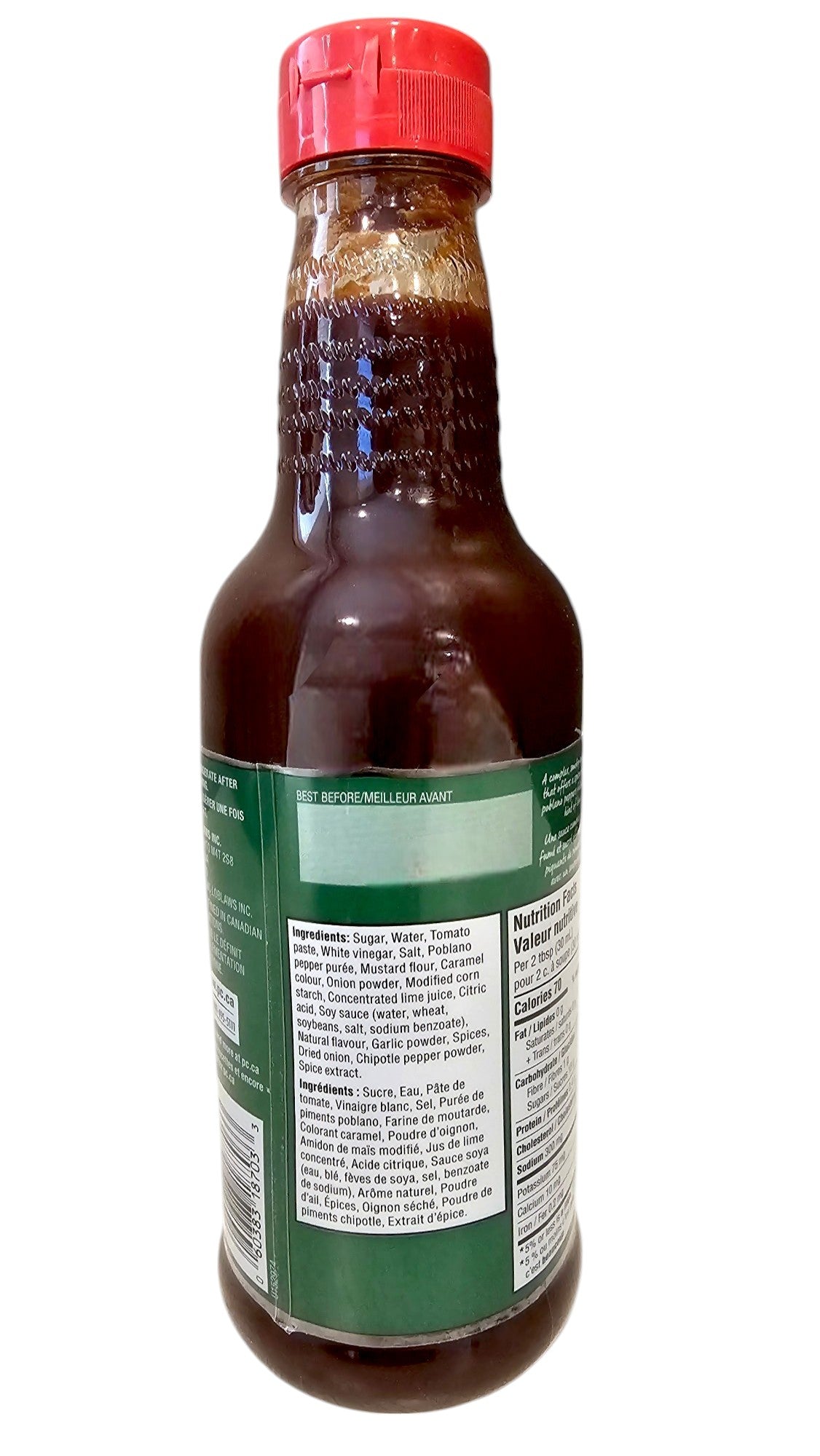 President's Choice, Poblano & Lime Barbecue Sauce, 500ml/16.9oz. Bottle Back Side