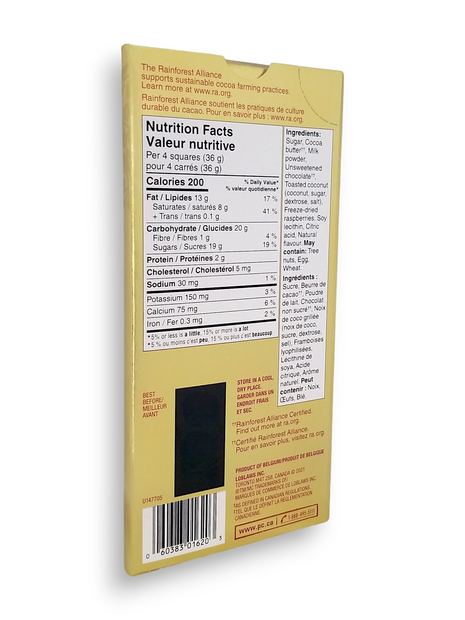 President's Choice Ruby With Coconut & Raspberry Chocolate Bar - 90g/3.2 oz.