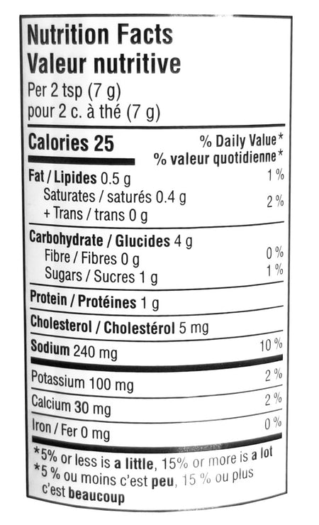 President's Choice White Cheddar Cheese Seasoning Blend, 220g/7.7 oz., Shaker Nutrition Facts