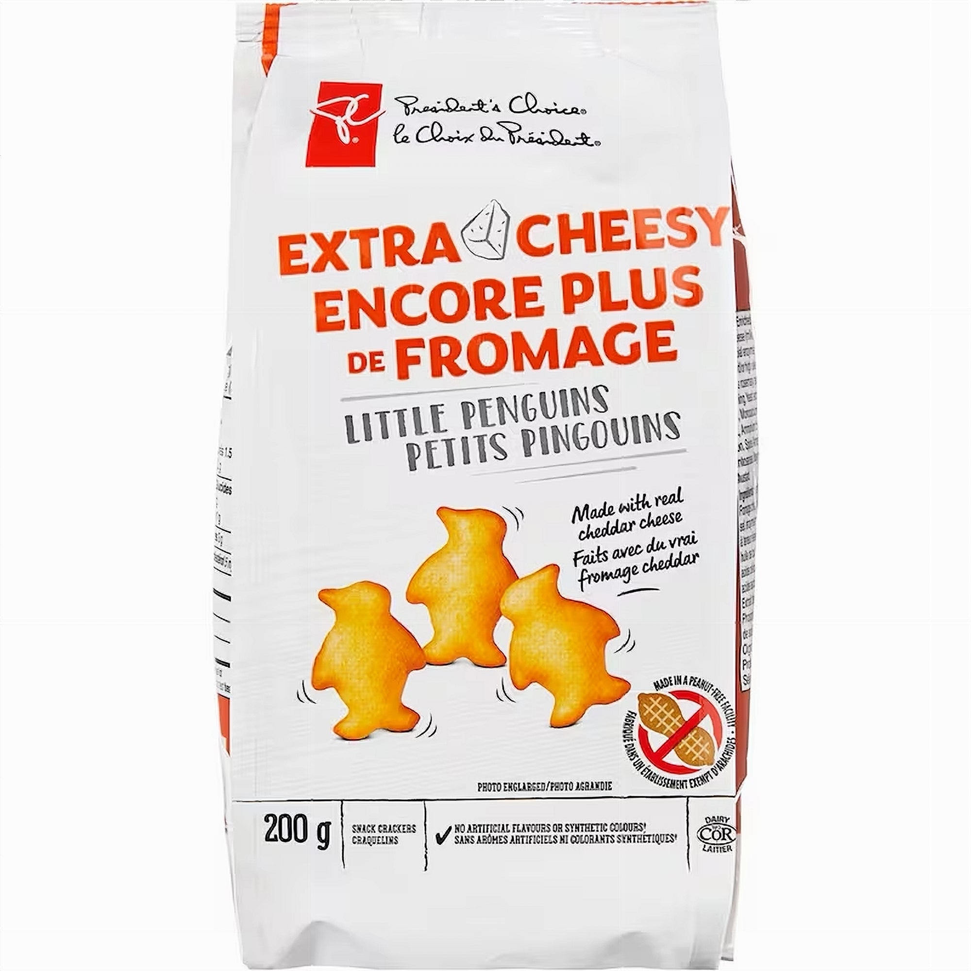 Bag of Extra Cheesy Little Penguins snack crackers 200g with branding on a white background