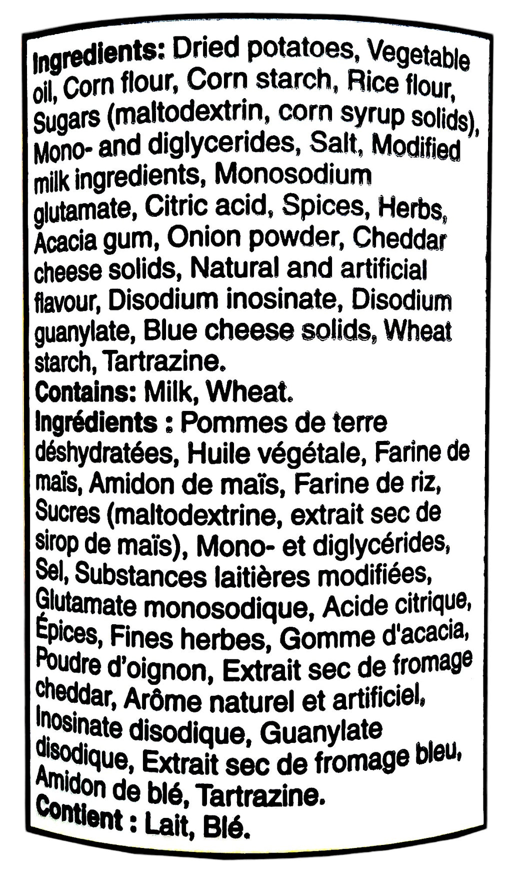 Ingredients label of Pringles Mexican Street Corn Potato Chips, 156g/5.5 oz., Tube