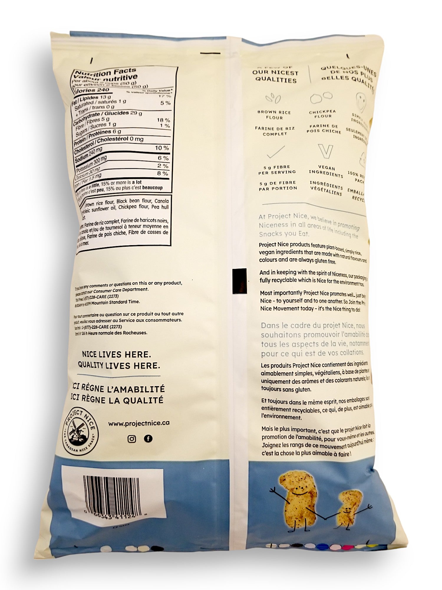 Project Nice Black Bean Veggie Snacks, Sea Salt Flavor, 170g/6 oz., Bag, back of bag.