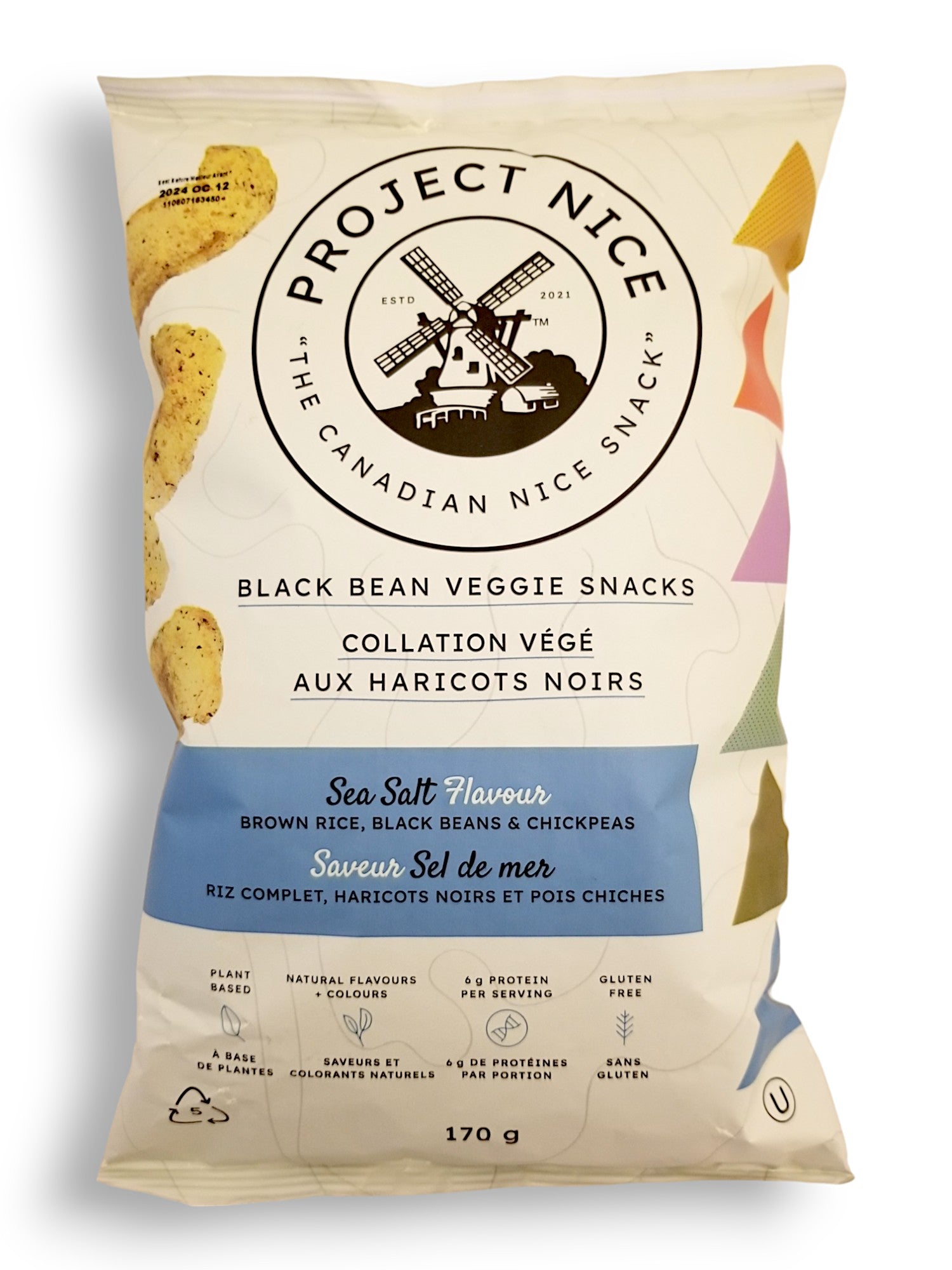 Project Nice Black Bean Veggie Snacks, Sea Salt Flavor, 170g/6 oz., Bag, front of bag.