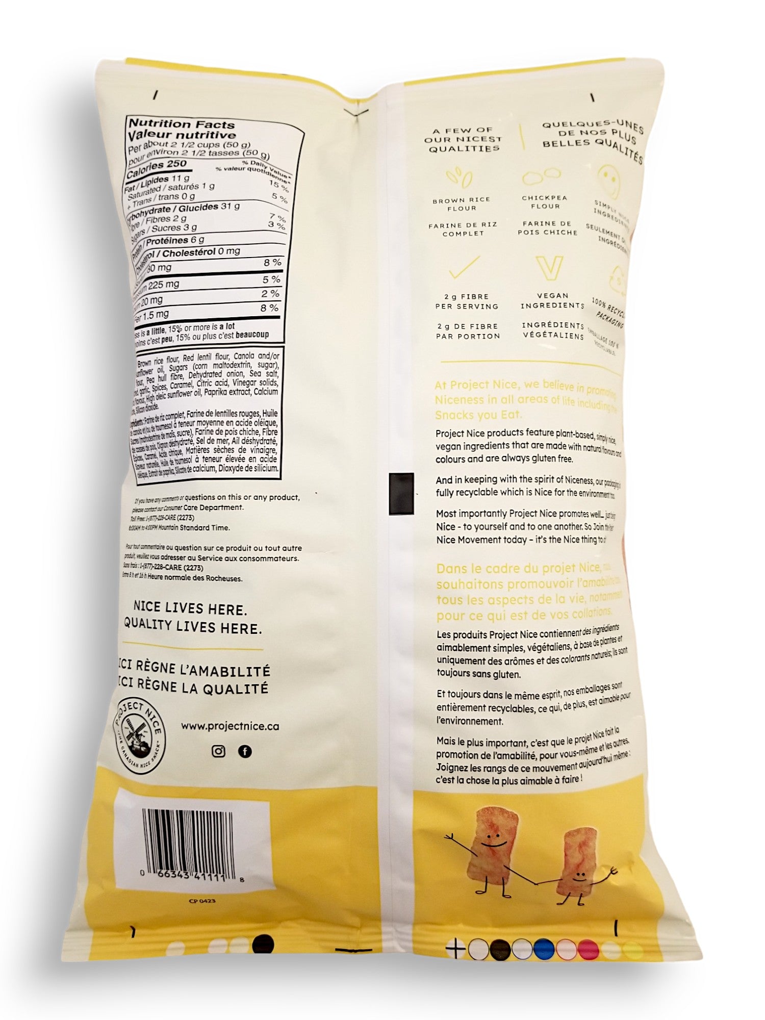 Project Nice Red Lentil Veggie Snacks, Sweet Onion Flavor, 150g/5.3 oz., Bag, back of bag.