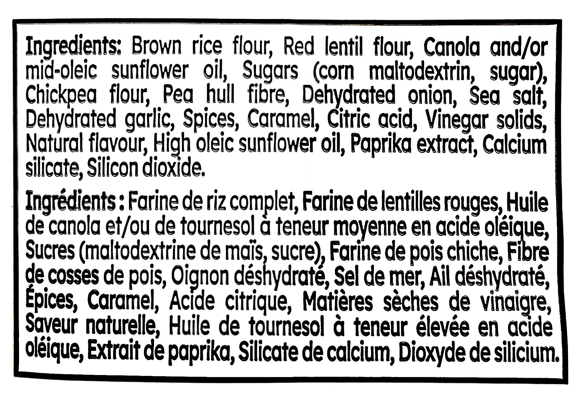 Project Nice Red Lentil Veggie Snacks, Sweet Onion Flavor, 150g/5.3 oz., Bag, ingredients label.