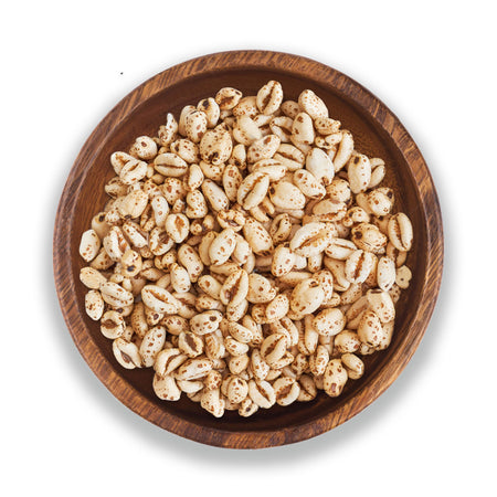 Prairie Maid Whole Wheat Krisps, Toasted Puffed Wheat Cereal 450g, picture of puffed wheat krisps in a bowl.