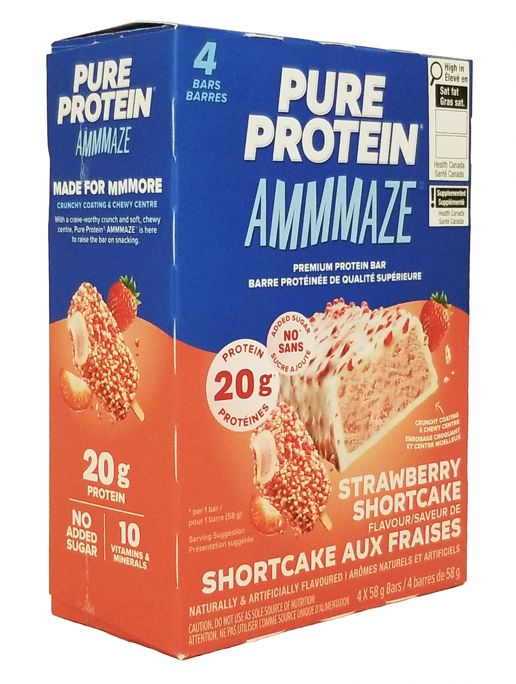 Box of Pure Protein Ammmaze Strawberry Shortcake Protein Bars - 4x58g with blue and orange design.