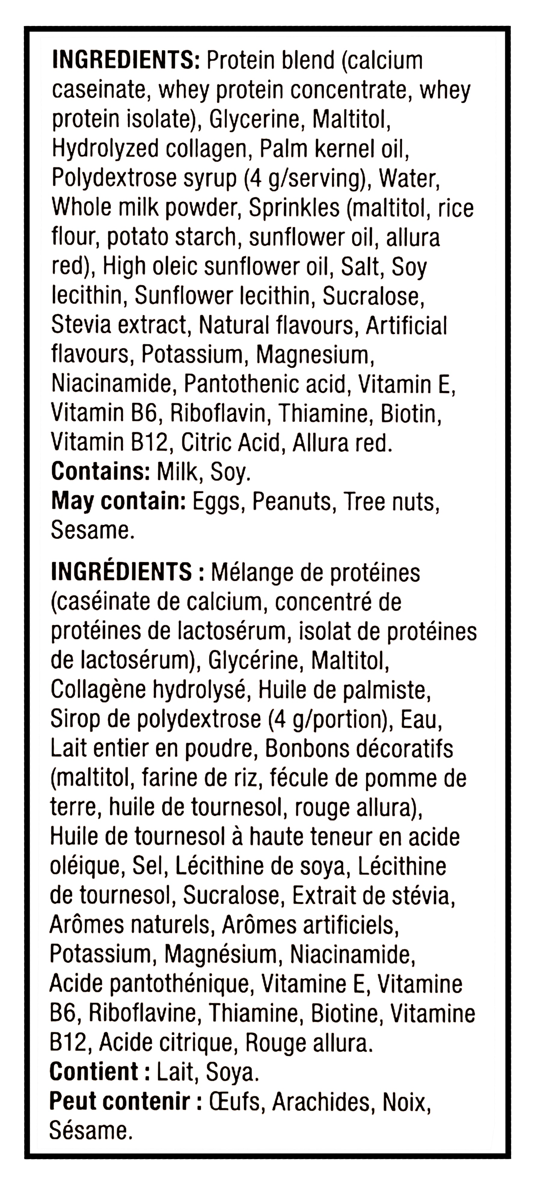 Ingredients list for Pure Protein Ammmaze Strawberry Shortcake Protein Bars - 4x58g on a black background