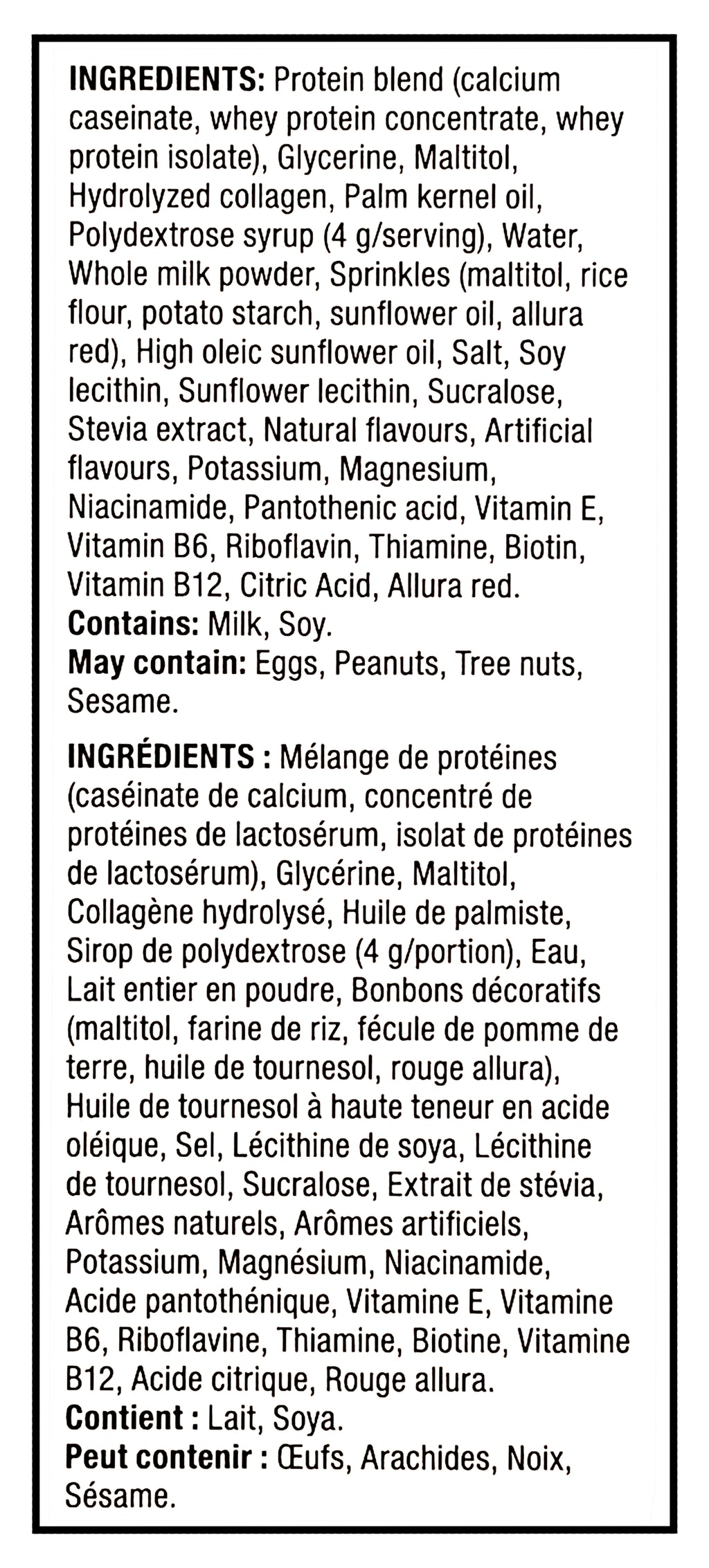 Ingredients list for Pure Protein Ammmaze Strawberry Shortcake Protein Bars - 4x58g on a black background