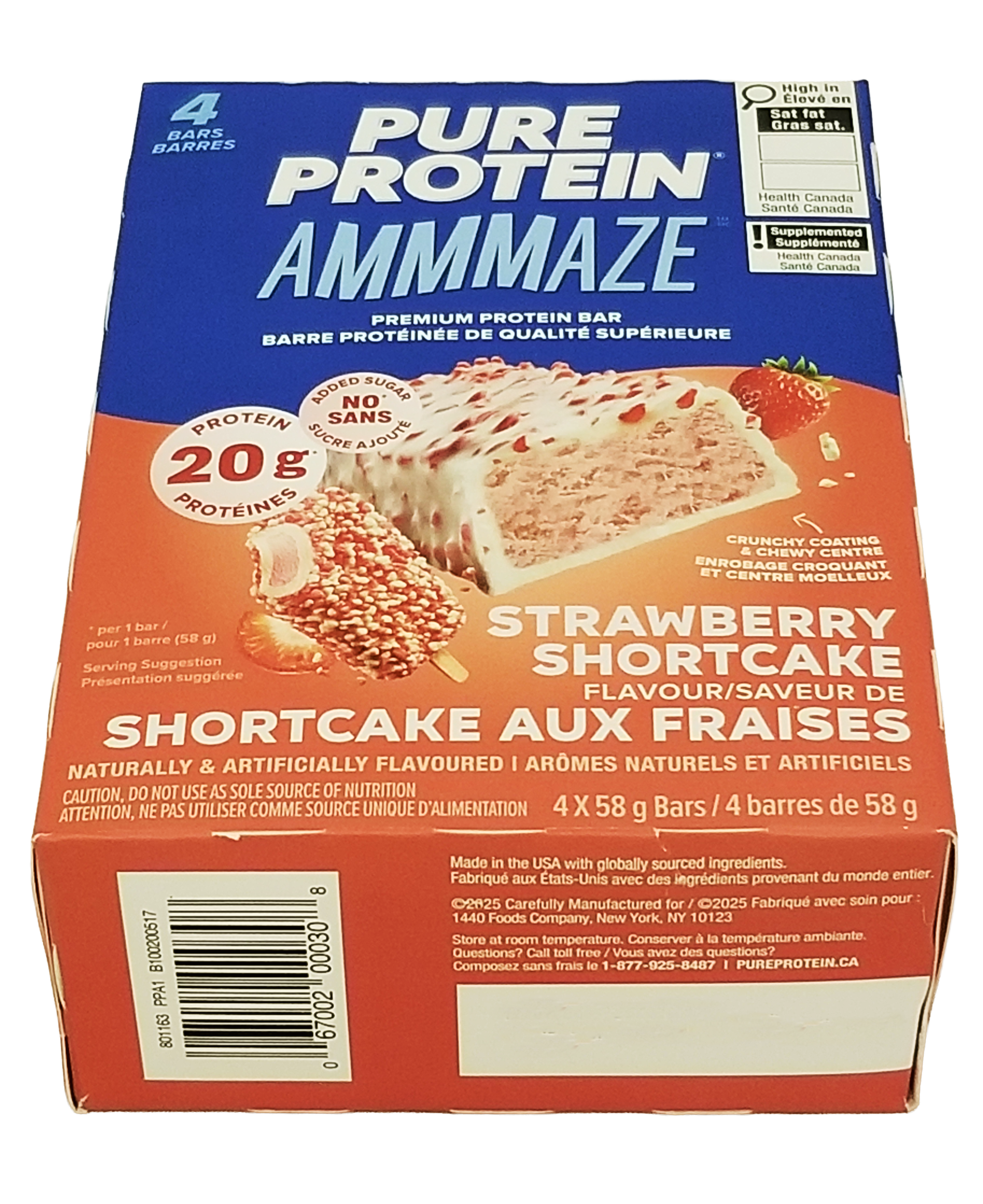 Box of Pure Protein Ammmaze Strawberry Shortcake Protein Bars - 4x58g with a blue and orange design.