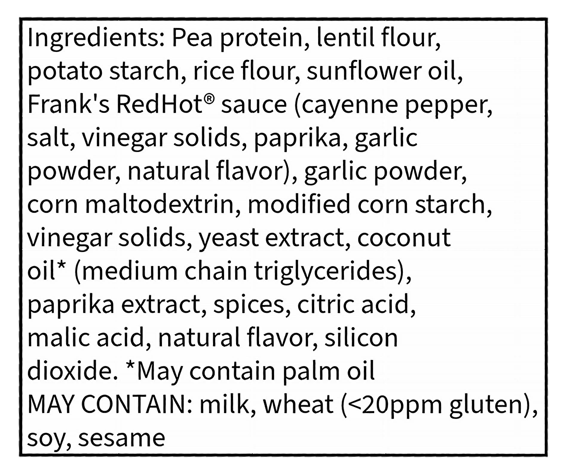 List of ingredients for Pure Protein Franks RedHot Flavored Popped Crisps with a black background