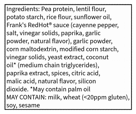 List of ingredients for Pure Protein Franks RedHot Flavored Popped Crisps with a black background
