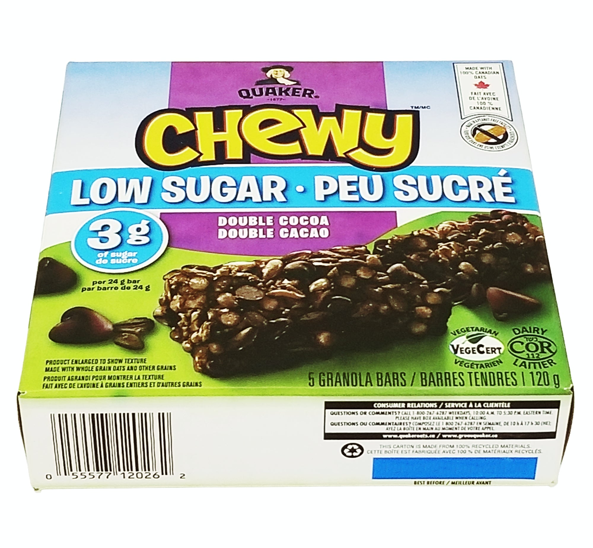 Quaker Chewy Double Cocoa Low Sugar Granola Bars 120g – UPC barcode
