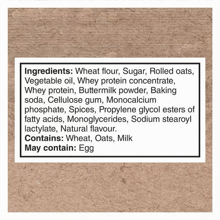 Ingredients label for Quaker PROTEIN Muffin Mix Oatmeal, 750g package on a brown background